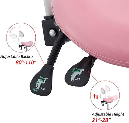 Antlu Saddle Stool Rolling Chair with Back Support,Esthetician Tattoo Dental Lash Chairs for Eyelash Tech Massage Salon(Pink,with Backrest)