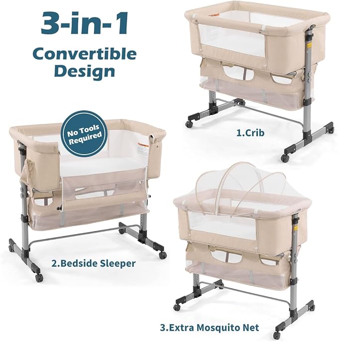 Soobaby Baby Crib,3 in 1 Bedside Crib Adjustable Portable Bed for Infant,Bassinet Baby Newborn Must Have Bed, Khaki