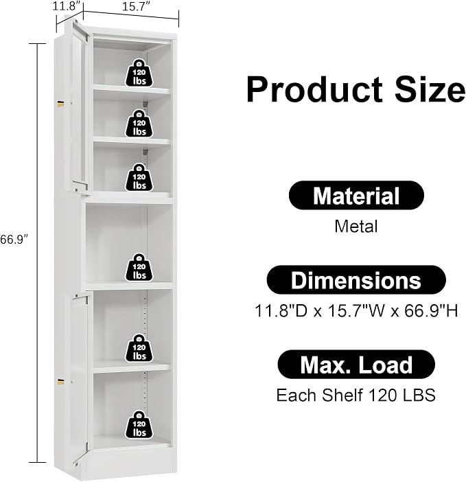 Narrow Glass Door Storage Cabinet Tall Metal Storage Cabinets with 4 Adjustable Shelves Freestanding 5 Tier Slim Pantry Cabinet for Kitchen Office Small Space