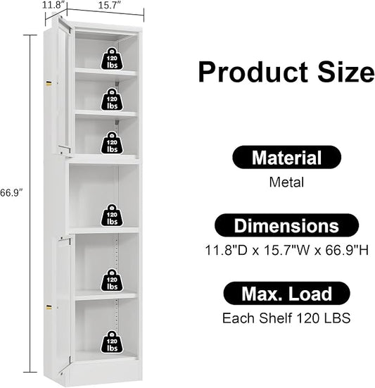Narrow Glass Door Storage Cabinet Tall Metal Storage Cabinets with 4 Adjustable Shelves Freestanding 5 Tier Slim Pantry Cabinet for Kitchen Office Small Space