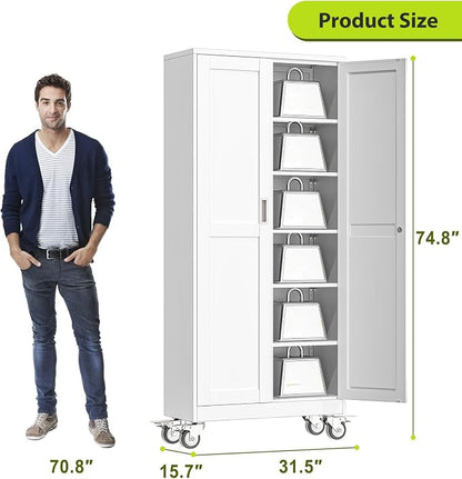 74.8" H Metal Garage Storage Cabinet with Doors and Shelves, Rolling Storage Cabinet with Lock, Steel Cabinets on Wheels, Large Tool Locker for Garage, Home Office, Shop, White