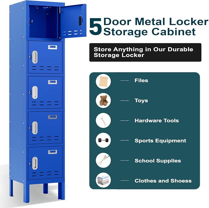 BUTISOW Metal Lockers - 66" Height Steel Lockers for Employees with 5 Door Storage Locker with Card Slot for Employees Gym School Home Office Garage - Assembly Required