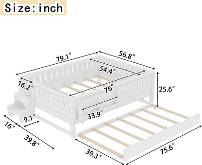Bellemave Full Size Kids Bed with high Rails and with Built-in Bookshelf and Trundle for Kids, Girls, Boys, Wood Montessori Bed Without Door, White