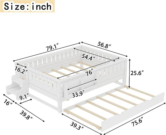 Bellemave Full Size Kids Bed with high Rails and with Built-in Bookshelf and Trundle for Kids, Girls, Boys, Wood Montessori Bed Without Door, White