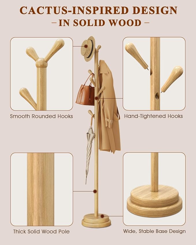 Freestanding Coat Rack, Solid Wood Coat Tree with 8 Smooth Rounded Hooks, Adjustable Height Heavy Duty Coat Rack with Dual-Layer Base, Holds Coats Hats Bags for Entryway, Bedroom, Living Room