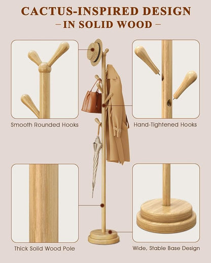 Freestanding Coat Rack, Solid Wood Coat Tree with 8 Smooth Rounded Hooks, Adjustable Height Heavy Duty Coat Rack with Dual-Layer Base, Holds Coats Hats Bags for Entryway, Bedroom, Living Room