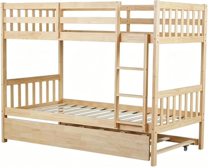 Harper & Bright Designs Convertible Wood Twin-Over-Twin Bunk Bed with Trundle and Ladder - Can Be Divided Into Two Platform Beds, White Oak