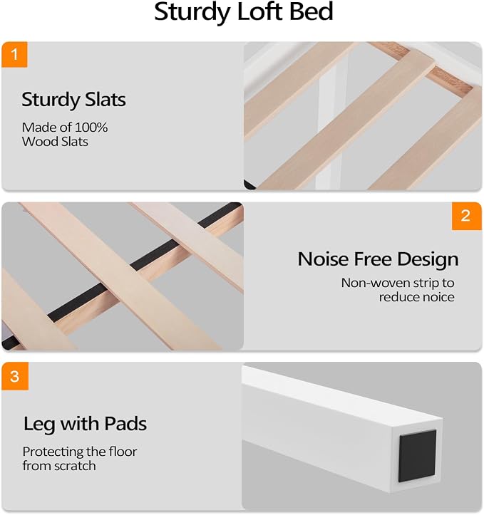 VINGLI 47'' Tall Junior Low Loft Bed with Stairs, White Wood Loft Bed Twin Size for Adults, Kids and Young Teens, No Box Spring Required,Wood Slat Support