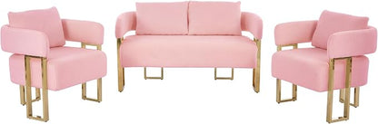YISHENG Loveseat Sofa and 2 Accent Chairs Comfy Sofa Modern Accent Chairs for Living Room with Golden Legs Teddy Upholstered Reading Armchairs no Wheels for Reception Room//Bedroom/Lounge/Office,Pink