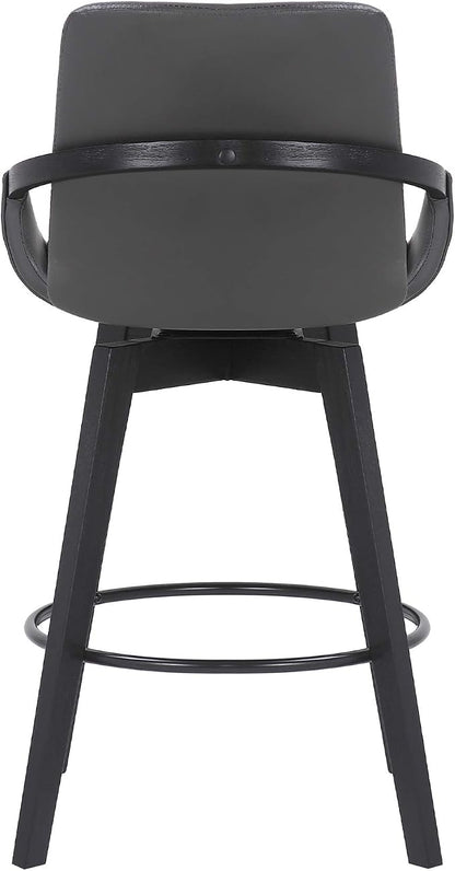 Armen Living Baylor Mid Century Modern Swivel Bar Stool for Kitchen Island Counter in Gray Faux Leather and Black Wood, 26" Seat Height