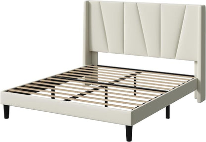 Allewie Full Size Platform Velvet Bed Frame with Geometric Wingback Headboard, Boho Upholstered Bed with Wooden Slats Support, No Box Spring Needed, Easy Assembly, Cream