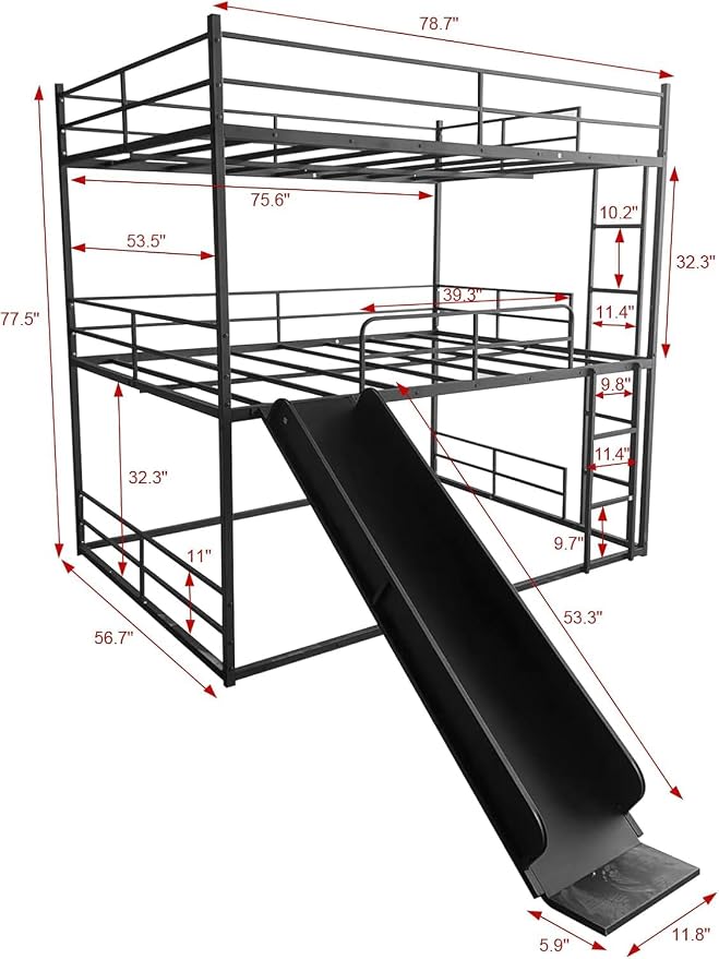Triple Bunk Bed with Slide, Full Over Full Over Full Metal Bunk Bed with Guardrail and Ladder, Heavy Duty Triple Bed Frame for 3 Teenagers/Adults, No Box Spring Needed,Easy Assembly