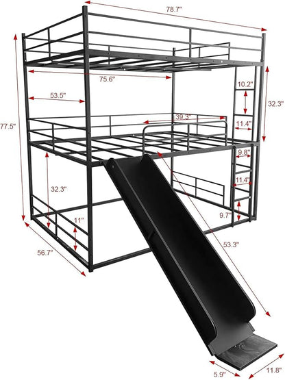 Triple Bunk Bed with Slide, Full Over Full Over Full Metal Bunk Bed with Guardrail and Ladder, Heavy Duty Triple Bed Frame for 3 Teenagers/Adults, No Box Spring Needed,Easy Assembly