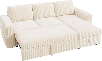 HONBAY Modular Sectional Sofa with Pull Out Bed,Corduroy L Shaped Sleeper Sofa with Storage, Sectional Couches for Living Room,Beige
