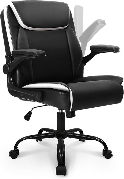 NEO CHAIR Desk Office Gaming Computer Chair Ergonomic Executive Mid-Back Leather with Adjustable Padded Flip-Up Armrests Cushion Wheels Swivel for Home Study Task (Black White)