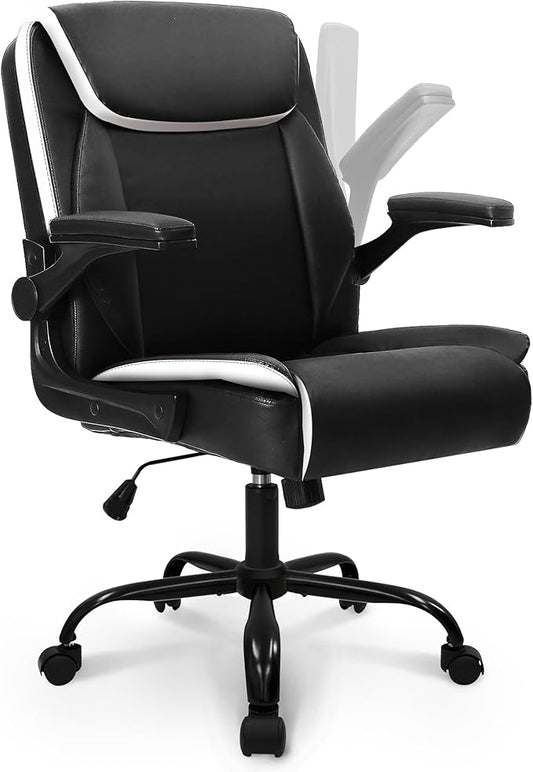 NEO CHAIR Desk Office Gaming Computer Chair Ergonomic Executive Mid-Back Leather with Adjustable Padded Flip-Up Armrests Cushion Wheels Swivel for Home Study Task (Black White)