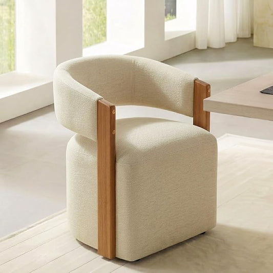 KISLOT Upholstered Dining Chairs Set of 1, Modern Wooden Arm Kitchen & Dining Room Chairs with Hidden Casters, Fabric Padded Rolling Chairs, Sturdy Wood Frame, 300 lbs Capacity, Sand