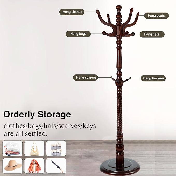 Wooden Coat Rack Freestanding, Hall Tree Hanger With Resin Hooks, Adjustable Heavy Duty Coat Rack for Hanging Clothes Bags Hats in Living Room Bedroom (coat rack, Round Base-Antique Color)