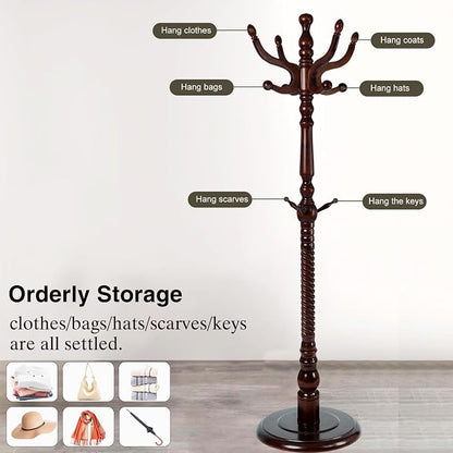 Wooden Coat Rack Freestanding, Hall Tree Hanger With Resin Hooks, Adjustable Heavy Duty Coat Rack for Hanging Clothes Bags Hats in Living Room Bedroom (coat rack, Round Base-Antique Color)