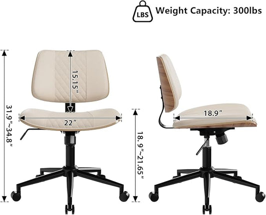 Modern Armless Office Chair with Wheels, Adjustable Swivel Desk Chair with Wide Seat and Tilt Function, Faux Leather Mid Century Task Chair for Home Office, Bedroom, Vanity, Beige