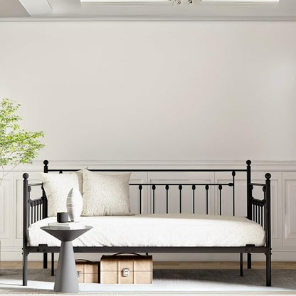 Golden Gate Beds Daybed Frame with Headboard, Without Trundle, Heavy Duty Metal Frame & Steel Slats Foundation, Upholstered Stylish Sofa Bed for Living Room, Bedroom, Guest Room - Black, Twin Size