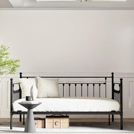 Golden Gate Beds Daybed Frame with Headboard, Without Trundle, Heavy Duty Metal Frame & Steel Slats Foundation, Upholstered Stylish Sofa Bed for Living Room, Bedroom, Guest Room - Black, Twin Size