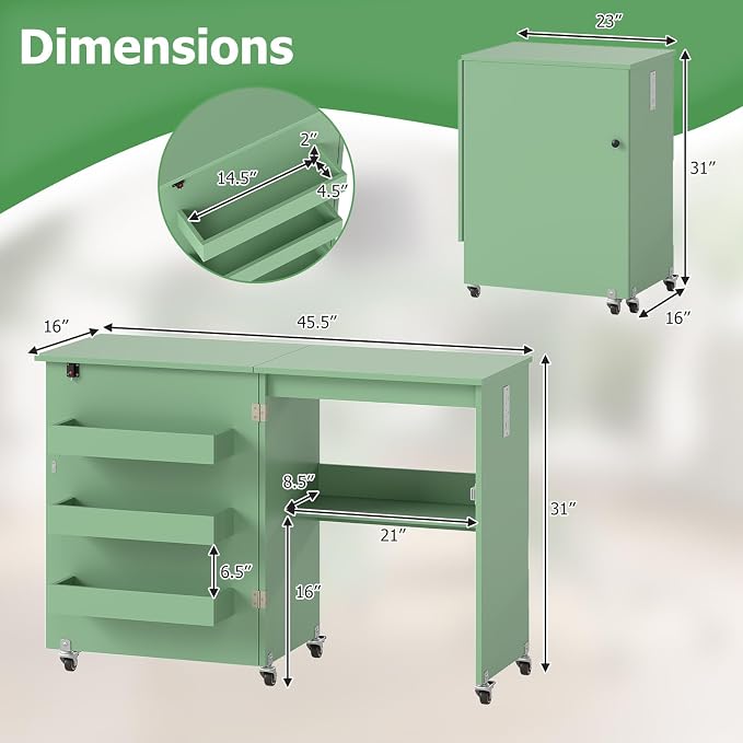 Giantex Folding Sewing Table with Charging Station, Rolling Craft Table with Storage Trays & Shelf, Foldable Sewing Machine Cabinet Desk with Lockable Wheels for Small Spaces (Sage)