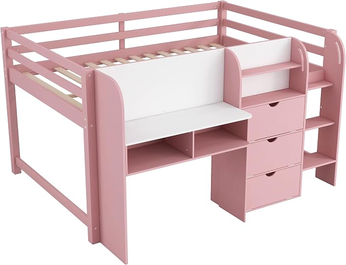 Bellemave Full Size Low loft Bed for Kids,Wood Modern Farmhouse Full Loft Bed with Desk, Storage Cabinets,Bookcase, No Box Spring Needed, Pink