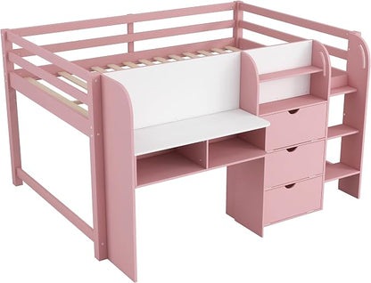 Bellemave Full Size Low loft Bed for Kids,Wood Modern Farmhouse Full Loft Bed with Desk, Storage Cabinets,Bookcase, No Box Spring Needed, Pink