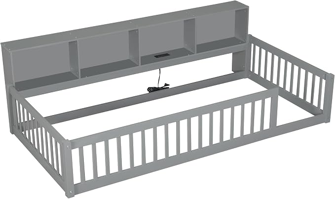 Bellemave Kids Montessori Floor Bed Twin XL Size,Floor Bed Frame with Bookcase and Charging Station for Kids Boys Girls,Gray