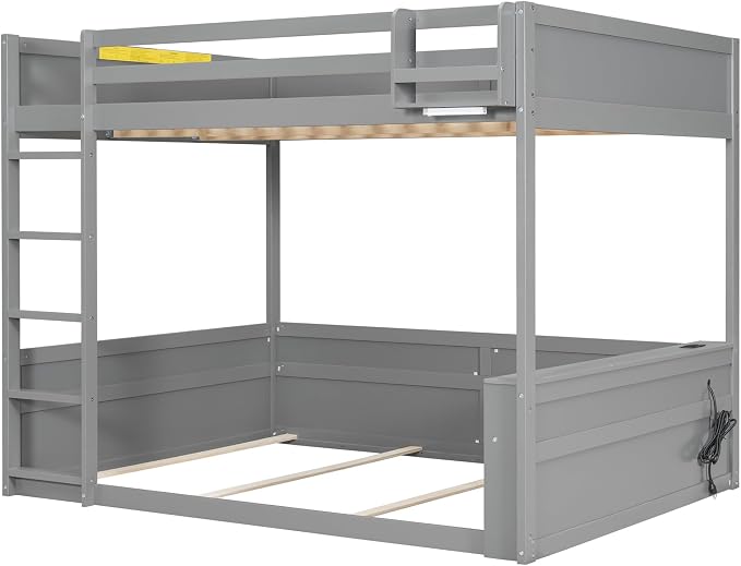 RUNNA Queen Bunk Bed with Shelves,Storage Box,LED,USB Charging,Grey | Queen bunk bed with shelves,storage box,LED light,USB charging,solid wood frame, guardrails, no box spring needed,Grey