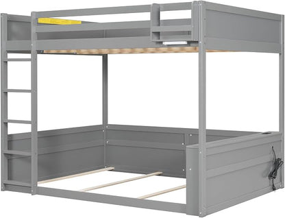 RUNNA Queen Bunk Bed with Shelves,Storage Box,LED,USB Charging,Grey | Queen bunk bed with shelves,storage box,LED light,USB charging,solid wood frame, guardrails, no box spring needed,Grey