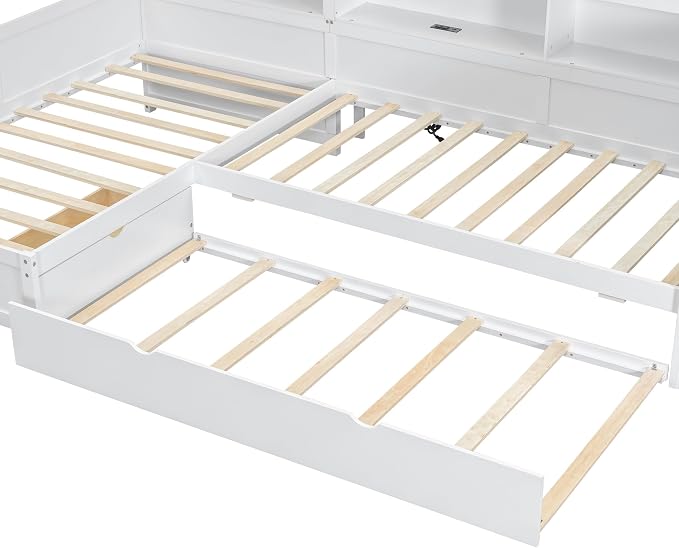 Bellemave L Shaped Corner Bed for 2 Kids, Double Twin Platform BedFrame with Trundle and 5 Storage Shelves, Charging Station, White