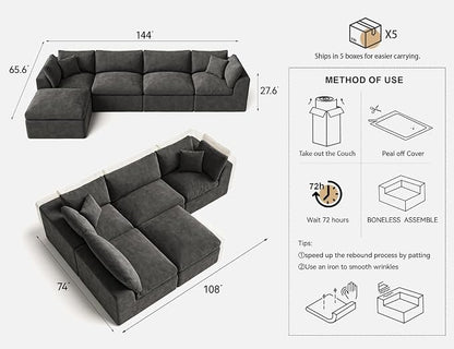 Cloud Sectional Couches for Living Room | 144 Inch L-Shaped Boneless Couch with Ottoman | Dark Grey Modular Sectionals Sofa Couch