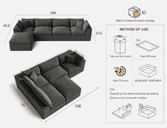 Cloud Sectional Couches for Living Room | 144 Inch L-Shaped Boneless Couch with Ottoman | Dark Grey Modular Sectionals Sofa Couch