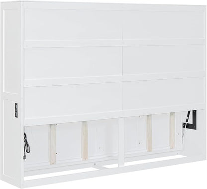 Ball & Cast Full Size Wall Cabinets Murphy Bed with Charging Station and Slat Support,Wood Hideaway Cabinet Platform Beds w/Leg & Lock,can be Folded,Space-Saving,for Small Room,Dorms,White