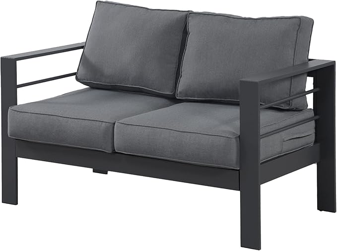 Wisteria Lane Aluminum Outdoor Sofa, 2 Seats Patio Couch All-Weather Rust-Proof Modern Metal Patio Furniture with 5" Thick Olefin Cushions, Light Grey