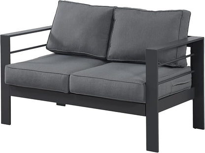 Wisteria Lane Aluminum Outdoor Sofa, 2 Seats Patio Couch All-Weather Rust-Proof Modern Metal Patio Furniture with 5" Thick Olefin Cushions, Light Grey