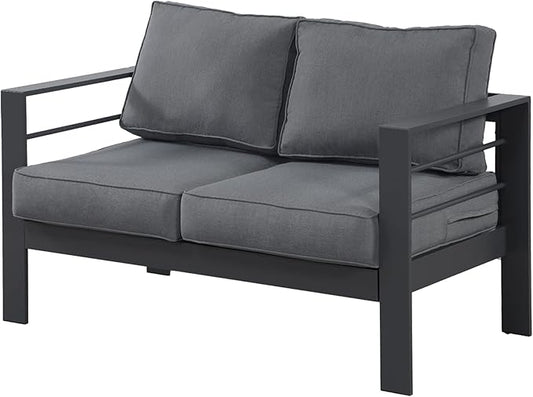 Wisteria Lane Aluminum Outdoor Sofa, 2 Seats Patio Couch All-Weather Rust-Proof Modern Metal Patio Furniture with 5" Thick Olefin Cushions, Light Grey