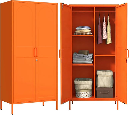 67" Industrial Lockable Metal 2-Door Wardrobe Storage Cabinet with Hanging Rod & Adjustable Shelves, Heavy Duty Multipurpose for Bedroom, Garage, Home Office, Orange 67" H X 31.5" W X 18.1" D