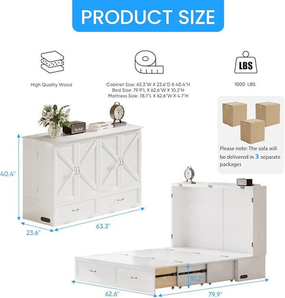PUREMIND Murphy Bed Queen, Crisscross Frame Cabinet Beds Chest with Charging Station & Storage Drawers, Convertible Hideaway Cabinet Bed for Guest Room, White, Without Mattress