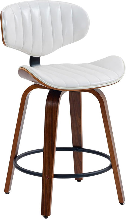 Counter Height Bar Stools, 24 inch PU Leather Wooden Bentwood Barstools Swivel Modern Breakfast Bar Chairs with Backrest and Footrest for Kitchen Island, Dining Room, Bar D035-White-1
