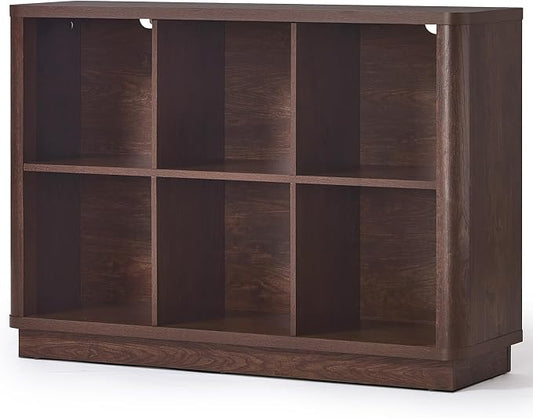 Joaxswe 6 Cube Bookcase, 40" Wide Low Horizontal Book Shelf w/Curved Edge, Wood Floor Standing 2-Tier Bookshelf with Base, Modern Short Storage Organizer for Bedroom,Office, Walnut
