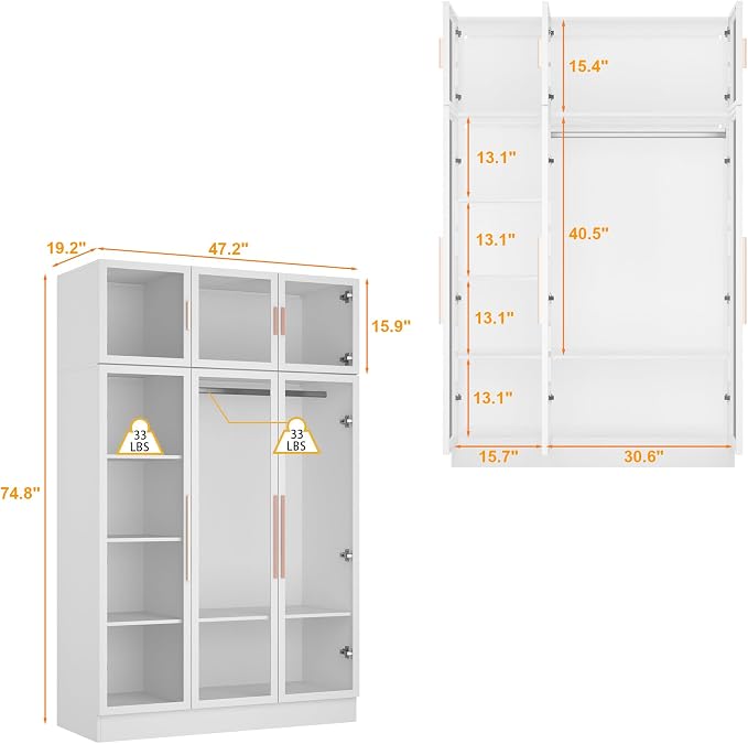 Wardrobe Cabinet with LED Lights, Armoire Closet with Glass Doors, Wooden Large Wardrobe with Hanging Rod & 5 Tiers Shelf, Modern Bedroom Armoire Clothes Organizer, White 47.2" W