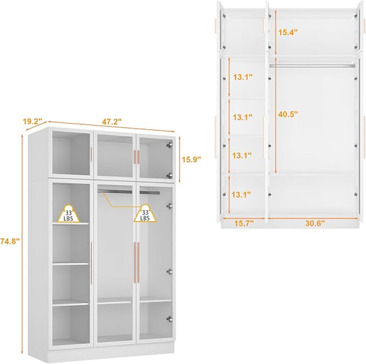Wardrobe Cabinet with LED Lights, Armoire Closet with Glass Doors, Wooden Large Wardrobe with Hanging Rod & 5 Tiers Shelf, Modern Bedroom Armoire Clothes Organizer, White 47.2" W
