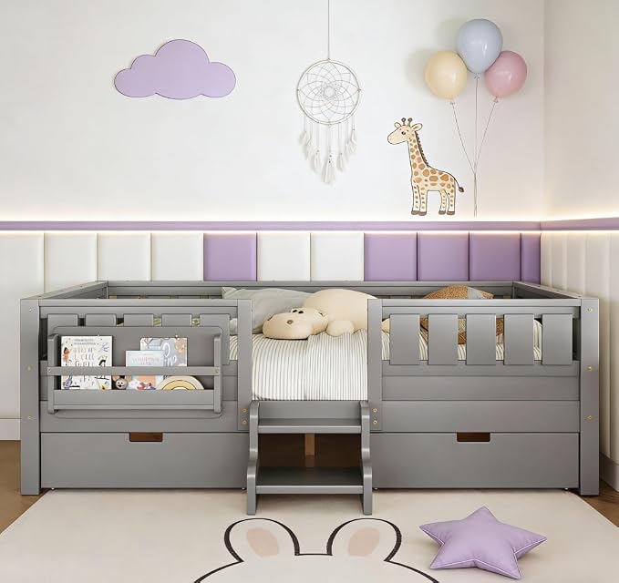 Bellemave Queen Size Kids Bed with high Rails and with Built-in Bookshelf and Drawers for Kids, Girls, Boys, Wood Montessori Bed Without Door, Gray