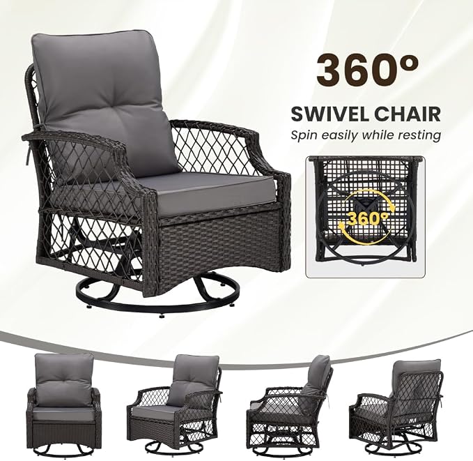 3-Piece Patio Furniture Set, Wicker Outdoor Bistro Set Swivel Glider Patio Chairs x 2 with Cushions, High Back All-Weather Rattan Outdoor Furniture for Porch, Backyard (Grey + Wicker)