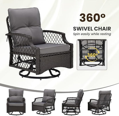 3-Piece Patio Furniture Set, Wicker Outdoor Bistro Set Swivel Glider Patio Chairs x 2 with Cushions, High Back All-Weather Rattan Outdoor Furniture for Porch, Backyard (Grey + Wicker)