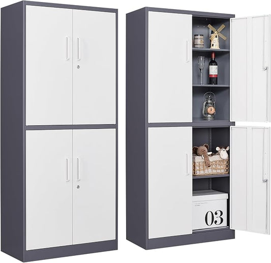 SISESOL Storage Cabinets With Doors And Shelves, 71'' Metal Garage Cabinet Locking, Adjustable Layers For Home Gym, bathroom, kitchen, office, Gray White