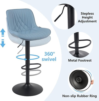 YOUTASTE Blue Bar Stools Set of 2 Adjustable Swivel Modern Barstools Luxury Upholstered Faux Leather Bar Stool Counter Height Metal Chairs with Back for Home Kitchen Island